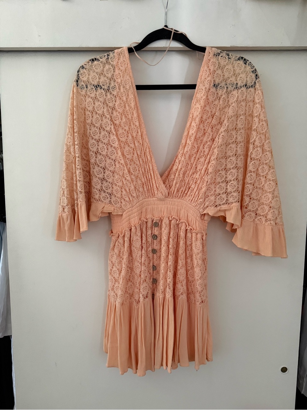 Free People Peach Lace V-Neck Button-Front Romper